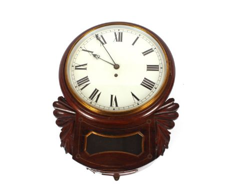 A 19th Century mahogany and brass inlaid drop dial wall clock,&nbsp;circular white enamel dial with Roman numerals, single fu