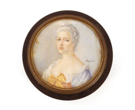 A 19th Century French (possibly tortoiseshell) ladies patch box,&nbsp;of circular form, the lid inset with a miniature painti