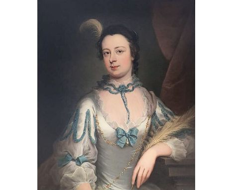 THOMAS BARDWELL (1704-1767)
Portrait of Lady Henrietta Vernon, half-length, in masquerade dress garments, holding a quill in 