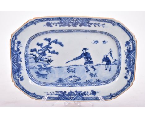 A Chinese 18th century export style blue and white plate with hunting scene. Measures approx. 18cm x 27cm x 2.3cm.