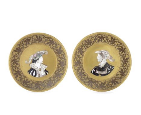 A pair of late 19th century German Renaissance revival style gilded galvanoplastie metal, ivory, mother of pearl and tortoise