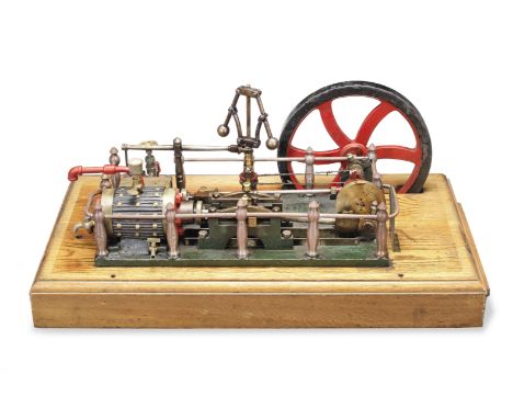 A scale model of a horizontal mill engine, late 19th century,the single brass slide valve cylinder with lubricator cup, wood 