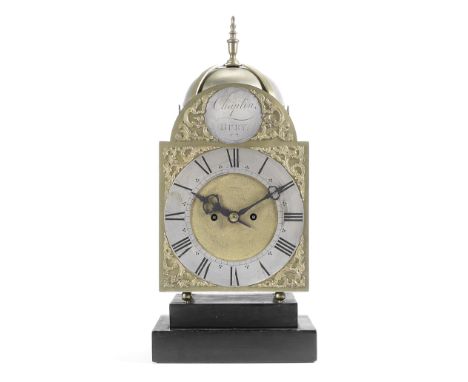 A late 19th century brass lantern clockthe dial signed for Chaplin, Burythe four pillar case with turned finials, surmounted 