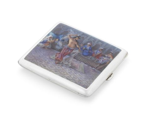 A silver and enamel cigarette casewith London import marks for 1920 The front enamelled with a North African dancer, length 9