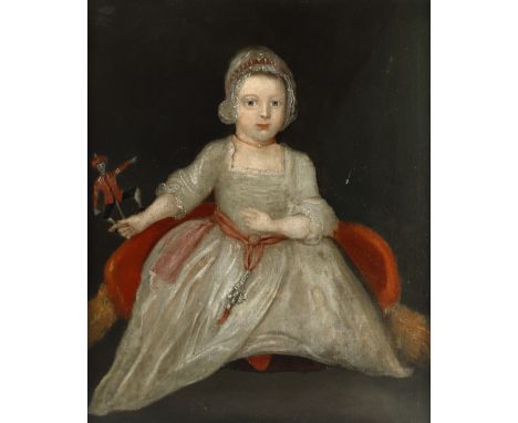 British School, early/mid 19th centuryA primitive school portrait of a young girl, seated, holding a puppet of a soldier (or 