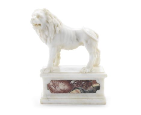 A 19th Century Italian Grand Tour carved cararra marble model of lionthe standing beast with open jaw on moulded rectangular 