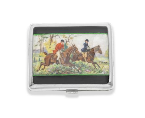 A silver and enamel cigarette caseimport marks for London 1912 The front enamelled with a fox hunting scene, length 8.8cm, we