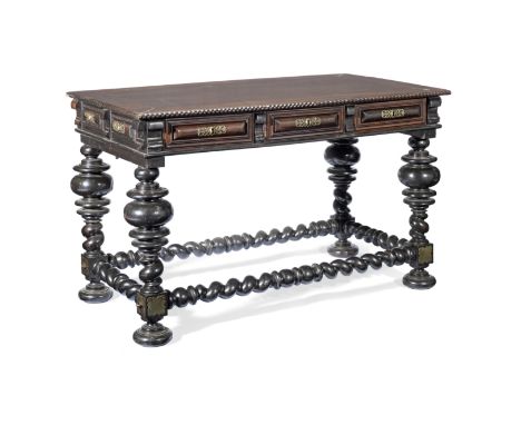 A Portuguese 19th century hardwood and ebony centre or side tablepossibly incorporating some earlier elementsThe top with a s