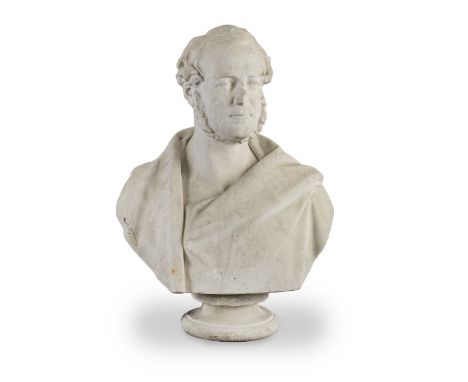 Matthew Noble (British, 1817-1876): A carved white marble portrait bust of a gentlemanthe sitter with mutton chop whiskers lo