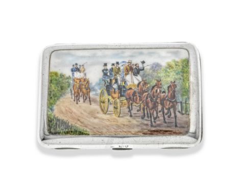 A Victorian silver and enamel cigarette caseGeorge Heath, London 1893 The front enamelled with a carriage scene, length 10.5c