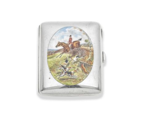 An Edwardian silver and enamel cigarette caseRobert Chandler, Birmingham 1905 The front enamelled with a fox hunting scene, l