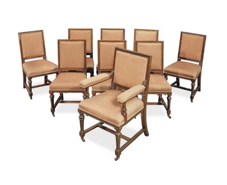 A set of nine late Victorian walnut chairs by Gillowsprobably retailed by James Shoolbred &amp; Co.Including an armchair, eac