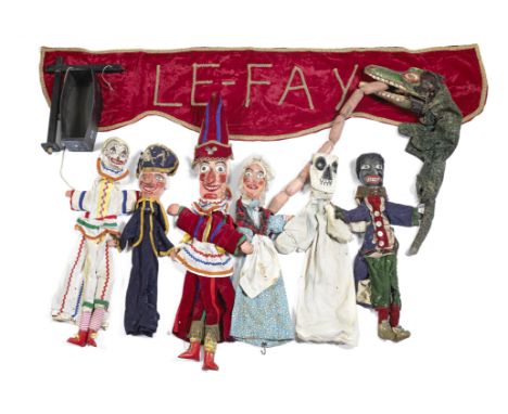 A mid 20th century Punch and Judy puppet set used by Professor Le Fay, Southportcomprising a carved and painted wood puppet o