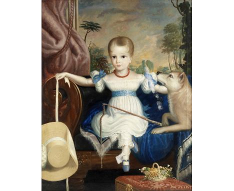 H. Knight (British, 19th century)A portrait of a seated girl and her dog with a garden beyond signed and dated 'H.Knight pinx