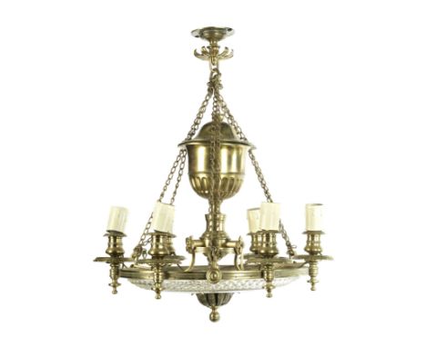 A 19th century brass and cut glass six light dish light chandelierthe circular frame with inset radiating reed cut glass inse