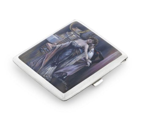 A German silver and enamel cigarette caseLouis Kuppenheim, circa 1920 The front enamelled with a romantic couple in evening w