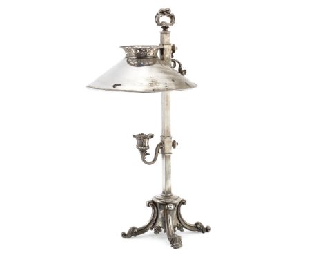 A Victorian silver-plated lampElkington, date number for 1847 With scroll and foliage decoration, the candle holder and shade