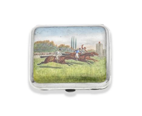 A Victorian silver and enamel cigarette caseGeorge Heath, London 1893 The front enamelled with a horse racing scene, length 9