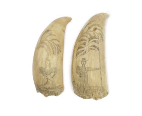 A pair of scrimshawed whale's teeth,  English, mid 19th century,one decorated with a portrait of a sailor holding a Union fla