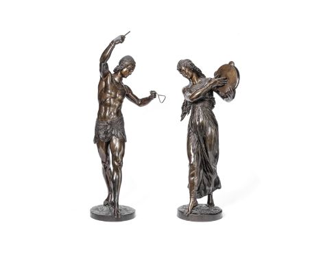 After Baron Charles-Arthur Bourgeois (French, 1838-1886): A pair of patinated bronze figures of Egyptian dancing musicianspro