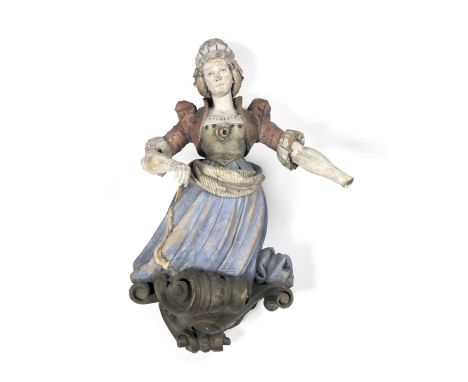 A 19th century carved and painted banner standprobably Northern Europeanformed as young maiden in jacket, striped sash and bl