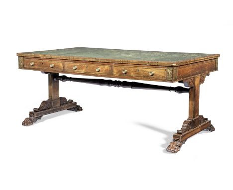 A Regency rosewood and brass inlaid library table attributed to GillowsCirca 1820, with line-inlay, the gilt tooled leather i