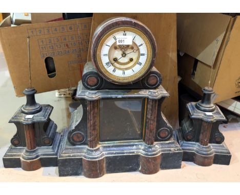 A French mercury pendulum marble mantel clock Barada &amp; Bordeaux, and part side garniture parts.