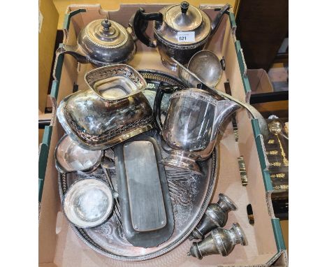 A four-piece silver-plated tea service, tray and other items.