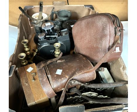 A set of scales and weights, brass candlesticks and letter rack, etc.