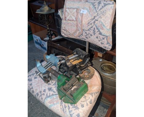 A Wolf drill press hand vice, a bench vice, a lathe cutter etc.; a mid 20th century machinists swivel chair on wheels.