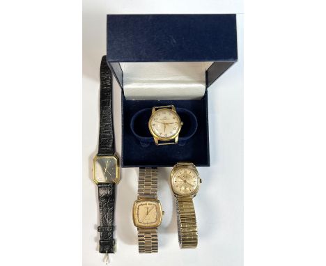 A 9ct hallmarked gold cased Leda watch on expanding gilt strap, a Rotary gents watch with date aperture on expanding strap; 2