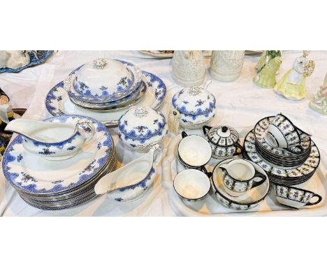 A Victorian / early 20thj century dinner service with blue and floralborder - tureens, meat plates, tureens etc; an Art Deco 