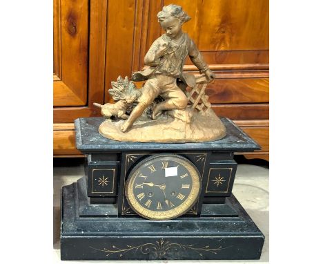 A French marble mantel clock with Roman numerals and another with gilt figure above.