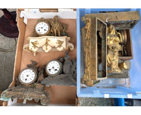 A marble and gilt mantel clock with period dressed gentleman with white enamel dial, two similar and another clock (in need o
