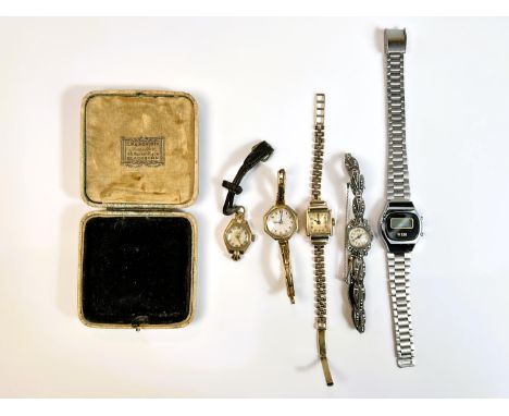 A 9ct gold vintage lady's wristwatch with square dial and 9ct gold link bracelet strap, gross 13.8gm; 2 similar gold cased la