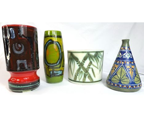 Two 1970's Poole brightly coloured vases; height 23cm; a Poole planter and a 1930's conical vase.