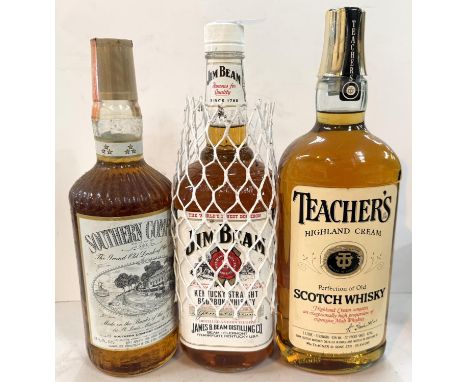 A litre bottle of Teachers Highland Cream Scotch whisky; a litre bottle of Jim Beam Kentucky straight bourbon whisky and a 26
