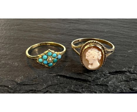 A 9ct hallmarked gold female head cameo ring, size Q, 2.2gms; and 18ct hallmarked gold turquoise set ring, size K, 1.5gms.