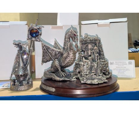Two large Tudor Mint Myth and Magic boxed figures, 'The Defender' dragon and 'The Power of the Crystal', limited.