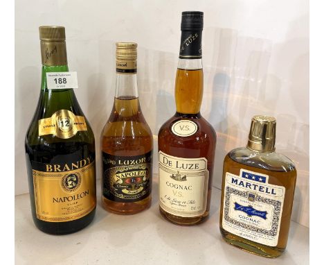 A litre bottle of Napoleon brandy (Mallorca); a 70cl bottle of De Luze cognac; a bottle of Luxor Napoleon brady and a half bo