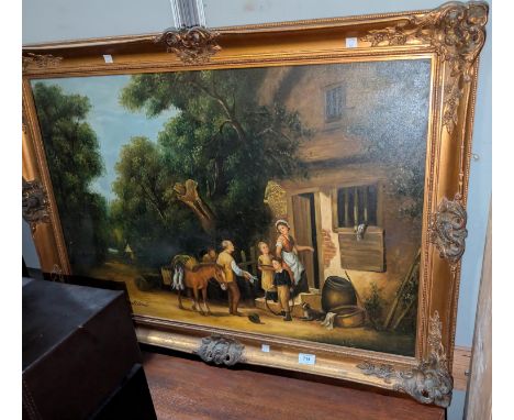 R Boutibomie:-&nbsp; A 20th century oil of a traditional scene, a huntsman selling rabbits, large gilt frame, 59 x 89cm.