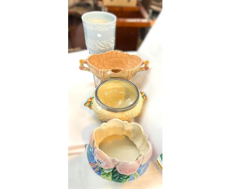 A Clarice Cliff water lily planter, a Clarice Cliff harvest bowl, a Pearsons vase and a table centre.