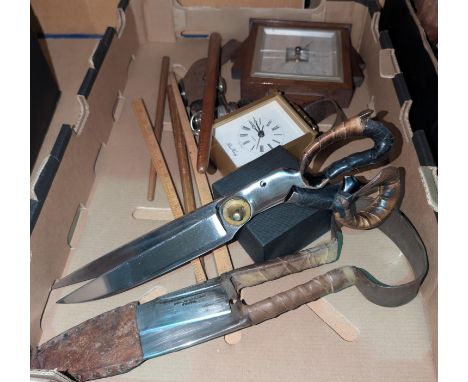 A pair of vintage stainless steel shears, large scissors, barometer etc.