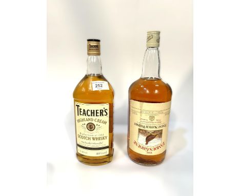 A bottle of Teacher's Highland Cream Perfection of Old Scotch Whisky, 1 litre; a bottle of The Famous Grouse Finest Scotch Wh