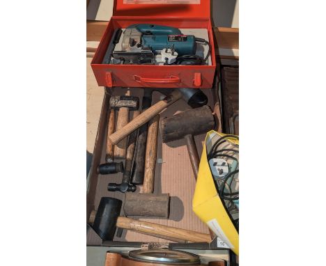 A Thor bull nose end rubber hammer, other hammers, stapling hammers, an axe etc.; a Weller PU-1D solder iron; a Bosch tin cas