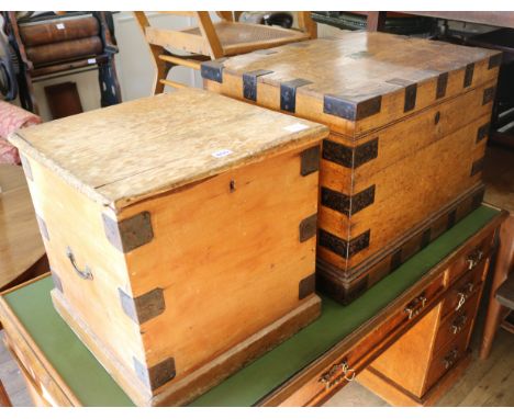 An iron bound oak silver chest and a pine trunk, 69cm and 45cm