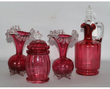 A pair of cranberry vases, decanter & lidded jam pot