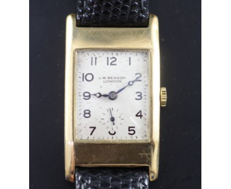 A gentleman's 1930's 9ct gold J. W. Benson manual wind wrist watch, with rectangular Arabic dial and subsidiary seconds, on l