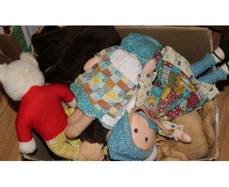 A monkey pyjama case, two Knickerbocker Toy Co. Hobbie dolls, various soft toys, inc elephant, panda, teddies, Rupert Bear, e