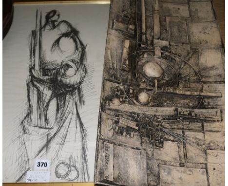 A stylish composition plaque, after Jose Manuel D'Alberti Mockett and a lithograph figure study, plaque 75 x 35cm and print 5